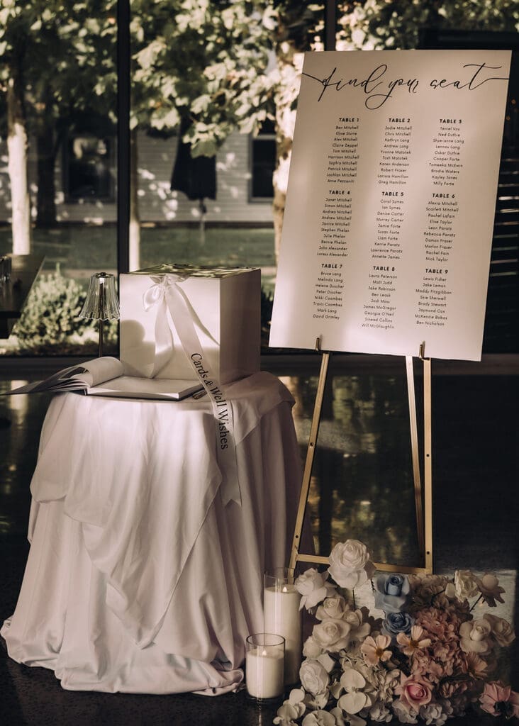 Welcome sign and card table at Willow and Ivie wedding venue Mildura, photographed by Miss Moody Photography