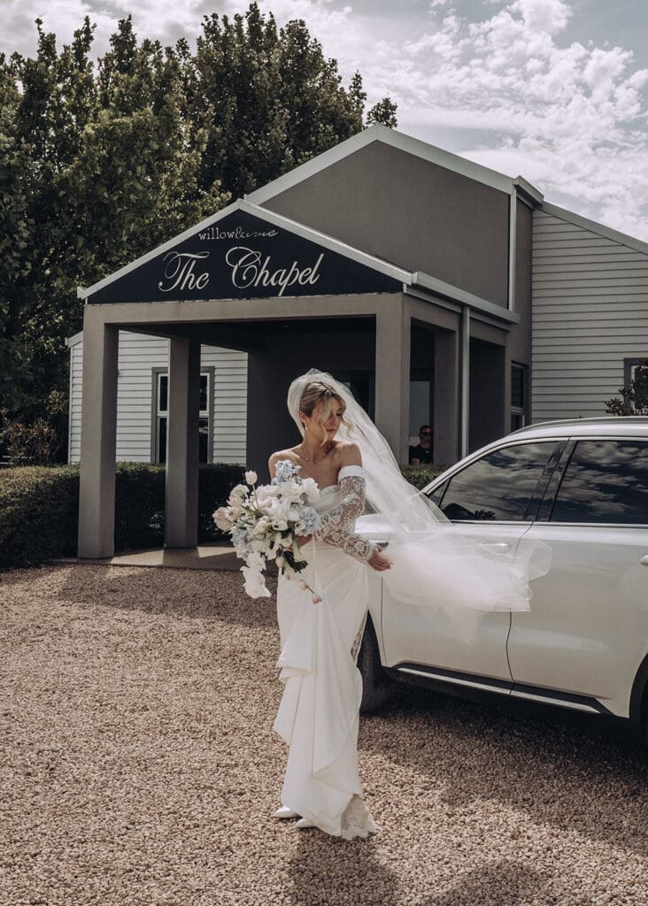 Bride just before entering the Chapel at Willow and Ivie wedding venue Mildura, photographed by Miss Moody Photography